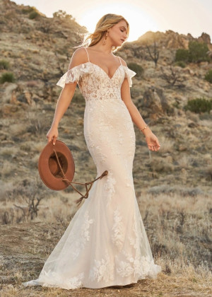 Beaded Ivory Lace Tulle Keyhole Back Boho Chic Wedding Dress